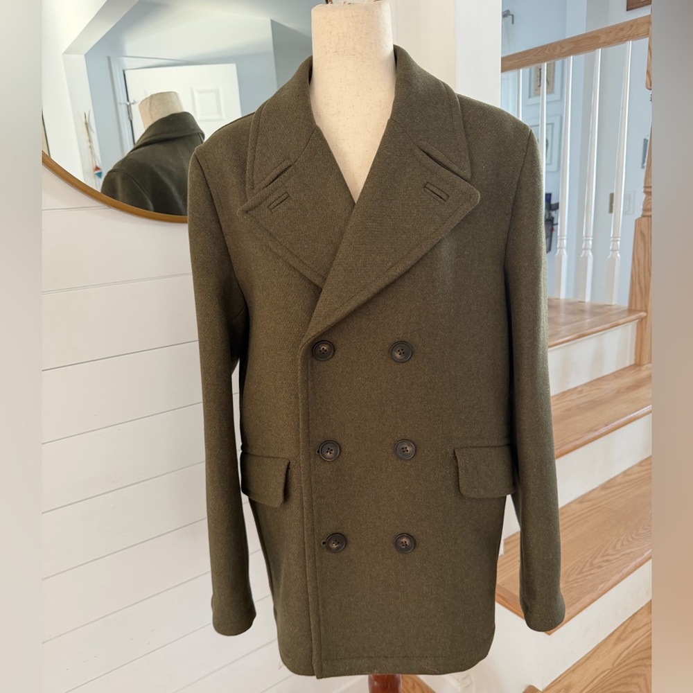 Ted Baker Men's Olive Wool Double-Breasted Military Style Peacoat - Large - Picture 2 of 12